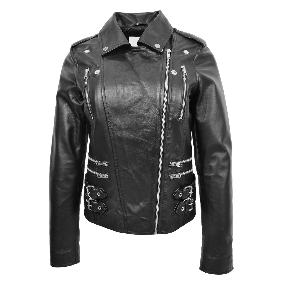 Womens Cross Zip Biker Leather Jacket Cara Black - genuine leather jacket in black with cross zip
