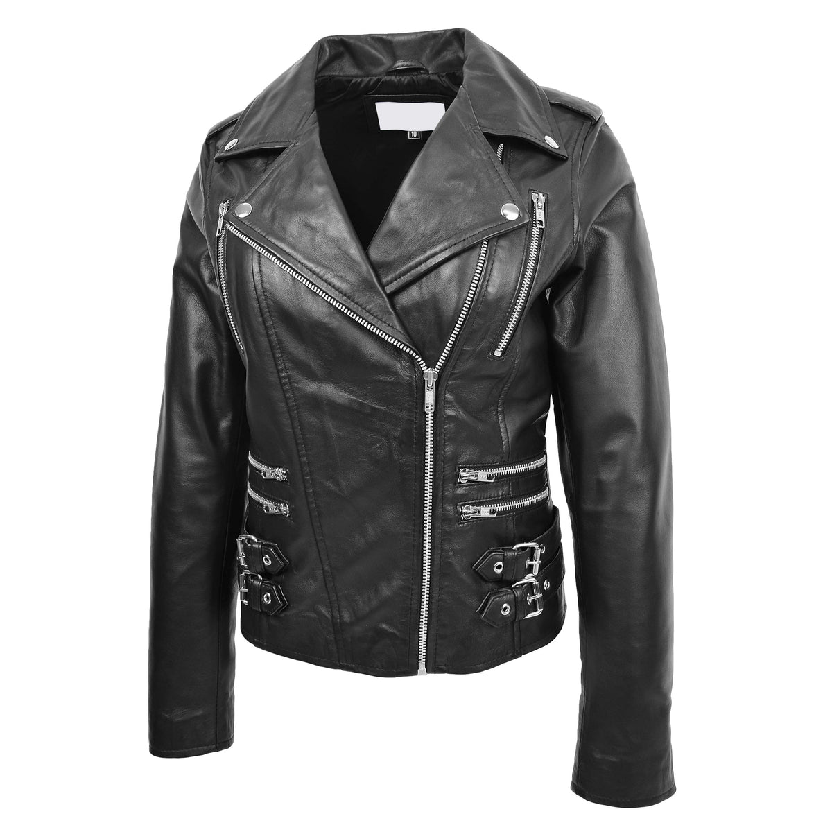 Womens Cross Zip Biker Leather Jacket Cara Black - genuine leather jacket in black with biker