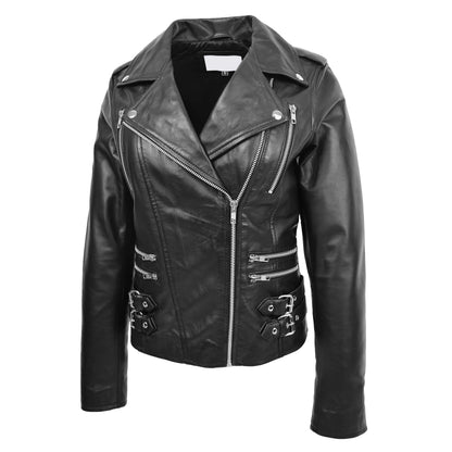 Womens Cross Zip Biker Leather Jacket Cara Black - genuine leather jacket in black with biker