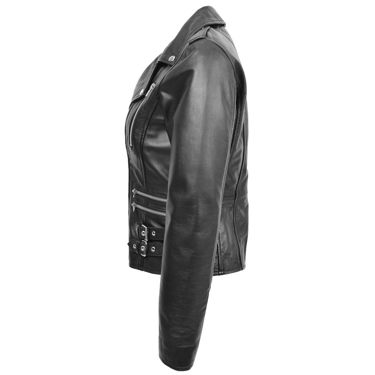 Womens Cross Zip Biker Leather Jacket Cara Black - genuine leather jacket in black with cross zip