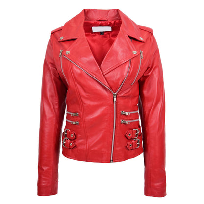 Womens Cross Zip Biker Leather Jacket Cara Red - genuine leather jacket in red with four outer pockets