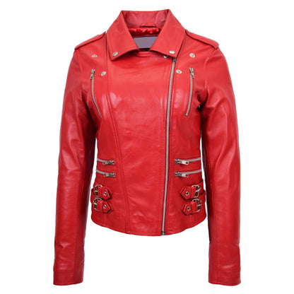 Womens Cross Zip Biker Leather Jacket Cara Red - genuine leather jacket in red with cross zip