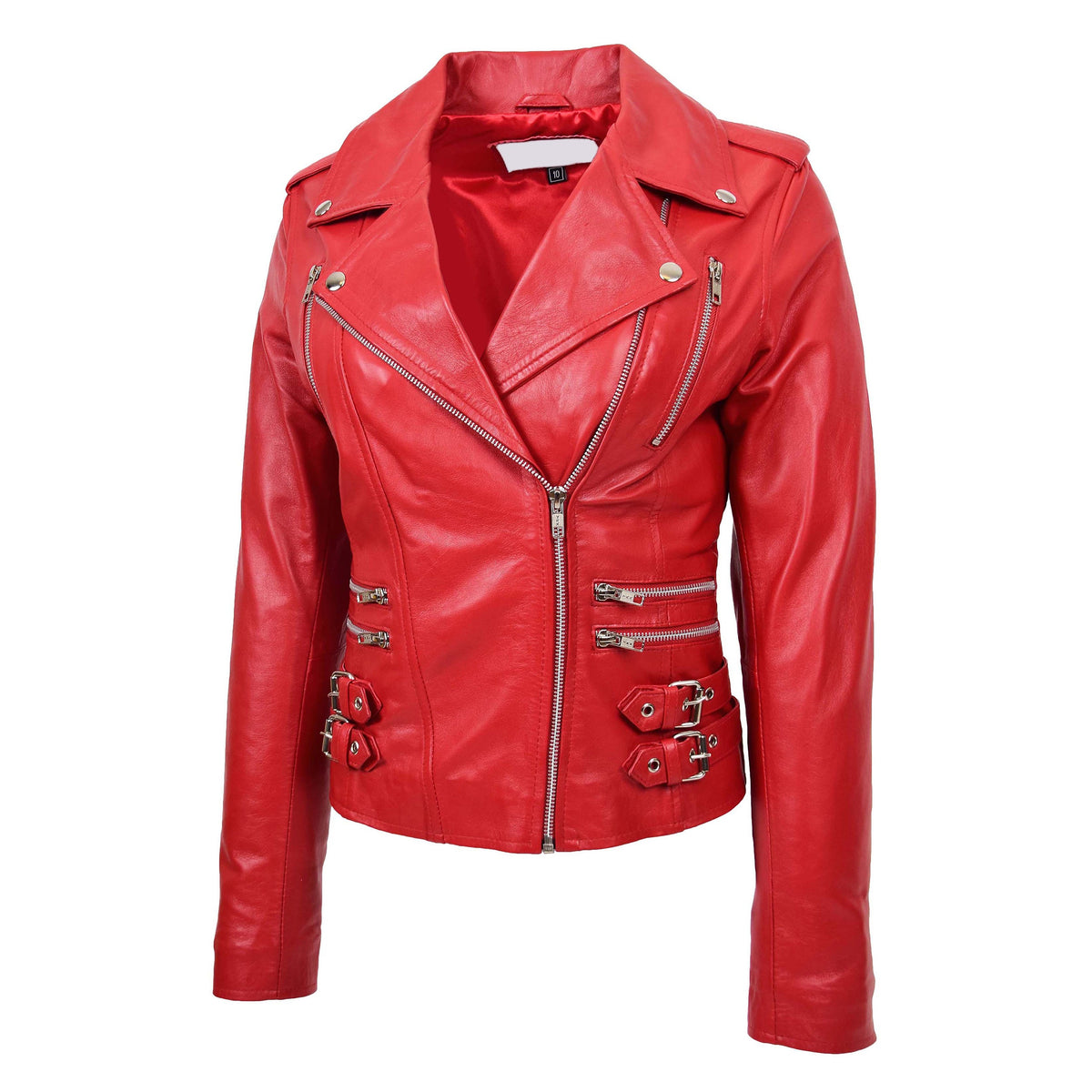 Womens Cross Zip Biker Leather Jacket Cara Red - genuine leather jacket in red with biker