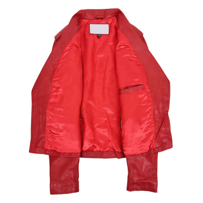Womens Cross Zip Biker Leather Jacket Cara Red - genuine leather jacket in red with four outer pockets