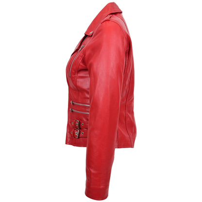 Womens Cross Zip Biker Leather Jacket Cara Red - genuine leather jacket in red with cross zip