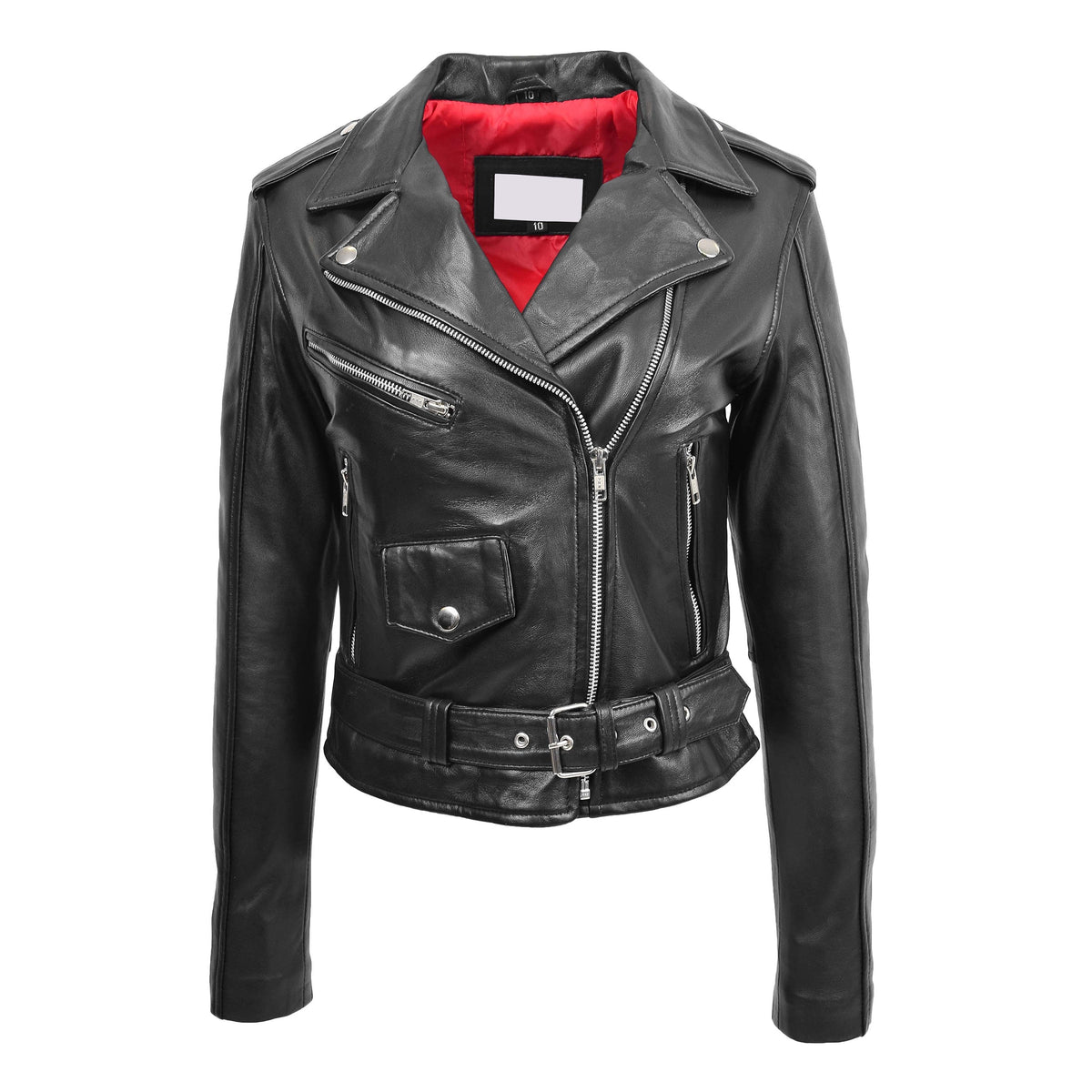 Womens Leather Biker Brando Jacket Kate Black - genuine leather jacket in black with three outer pockets