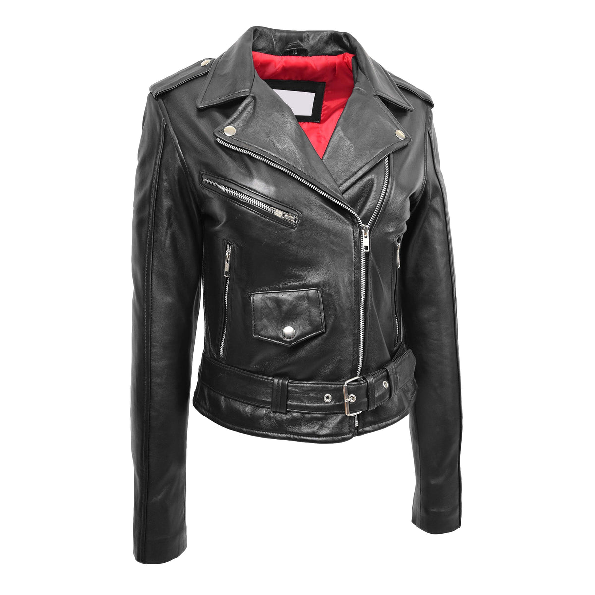 Womens Leather Biker Brando Jacket Kate Black - genuine leather jacket in black with biker