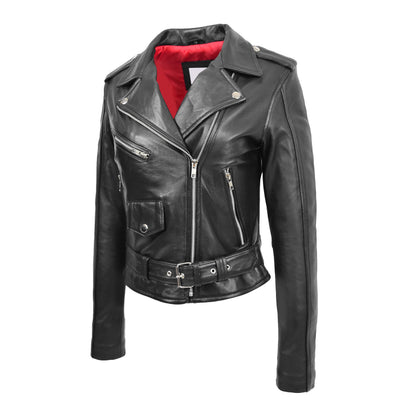 Womens Leather Biker Brando Jacket Kate Black - genuine leather jacket in black with three outer pockets