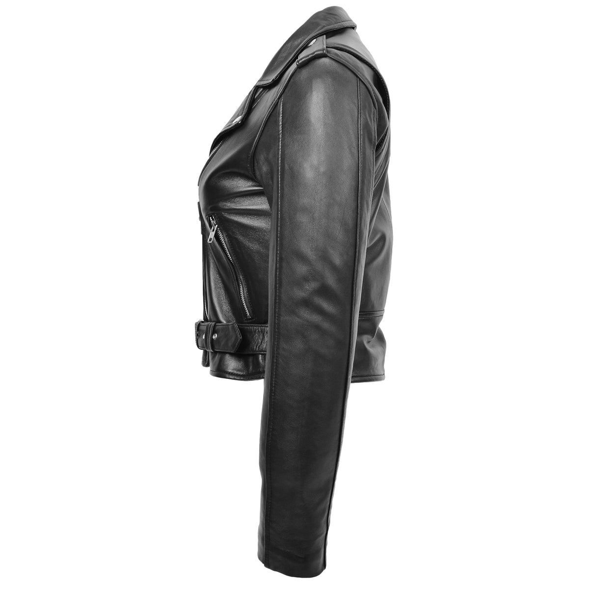 Womens Leather Biker Brando Jacket Kate Black - genuine leather jacket in black with three outer pockets