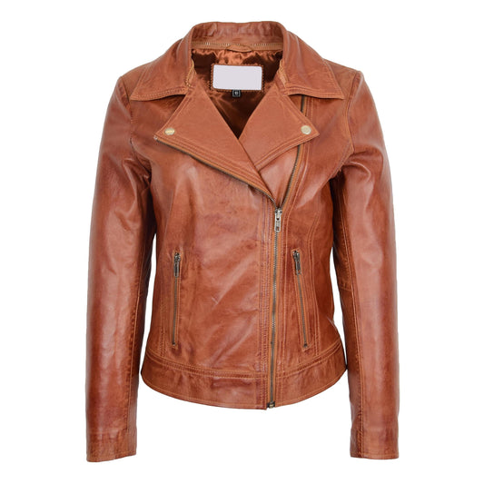 Womens Leather Biker Jacket with Detachable Collar Lauren Chestnut - genuine sheepskin jacket with two outer pockets