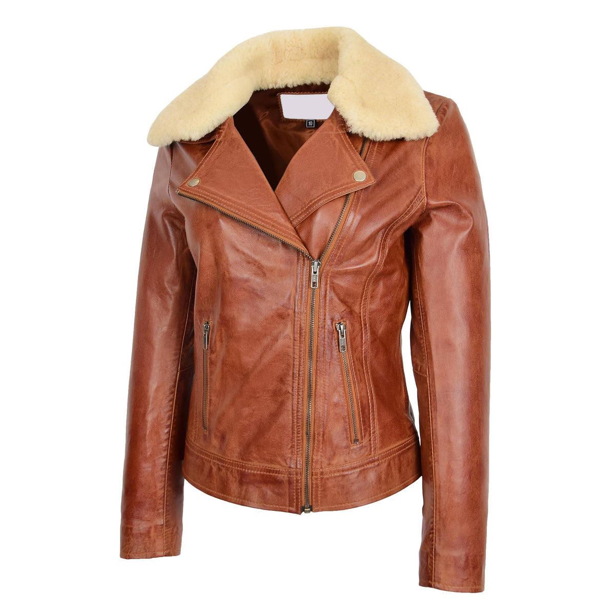 Womens Leather Biker Jacket with Detachable Collar Lauren Chestnut - genuine sheepskin jacket with detachable collar