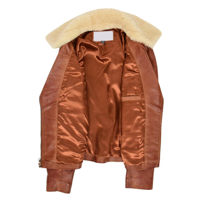 Womens Leather Biker Jacket with Detachable Collar Lauren Chestnut - genuine sheepskin jacket with biker