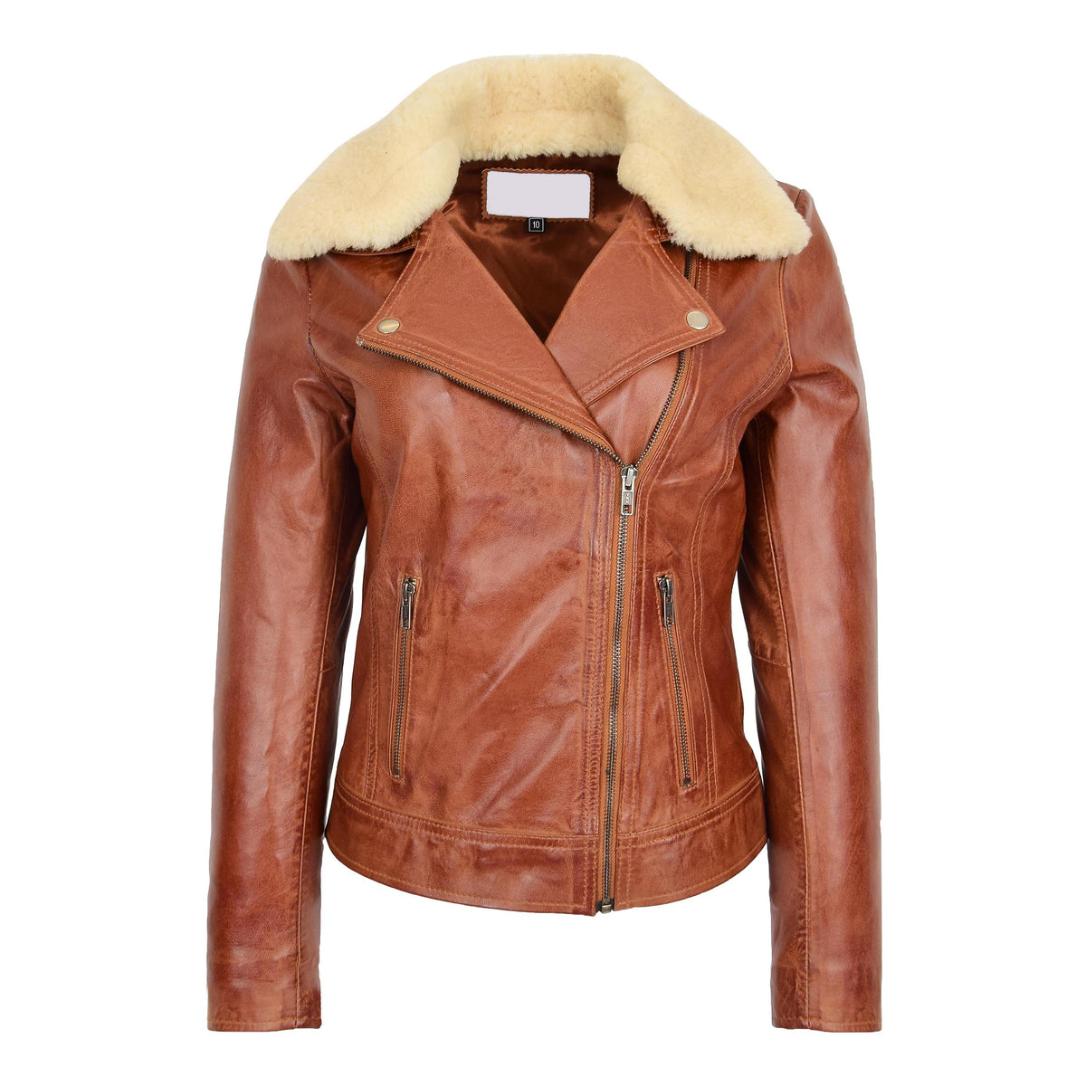 Womens Leather Biker Jacket with Detachable Collar Lauren Chestnut - genuine sheepskin jacket with two outer pockets