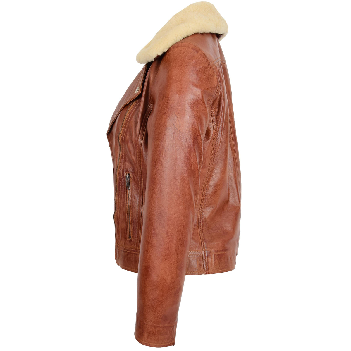Womens Leather Biker Jacket with Detachable Collar Lauren Chestnut - genuine sheepskin jacket with detachable collar
