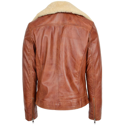 Womens Leather Biker Jacket with Detachable Collar Lauren Chestnut - genuine sheepskin jacket with biker
