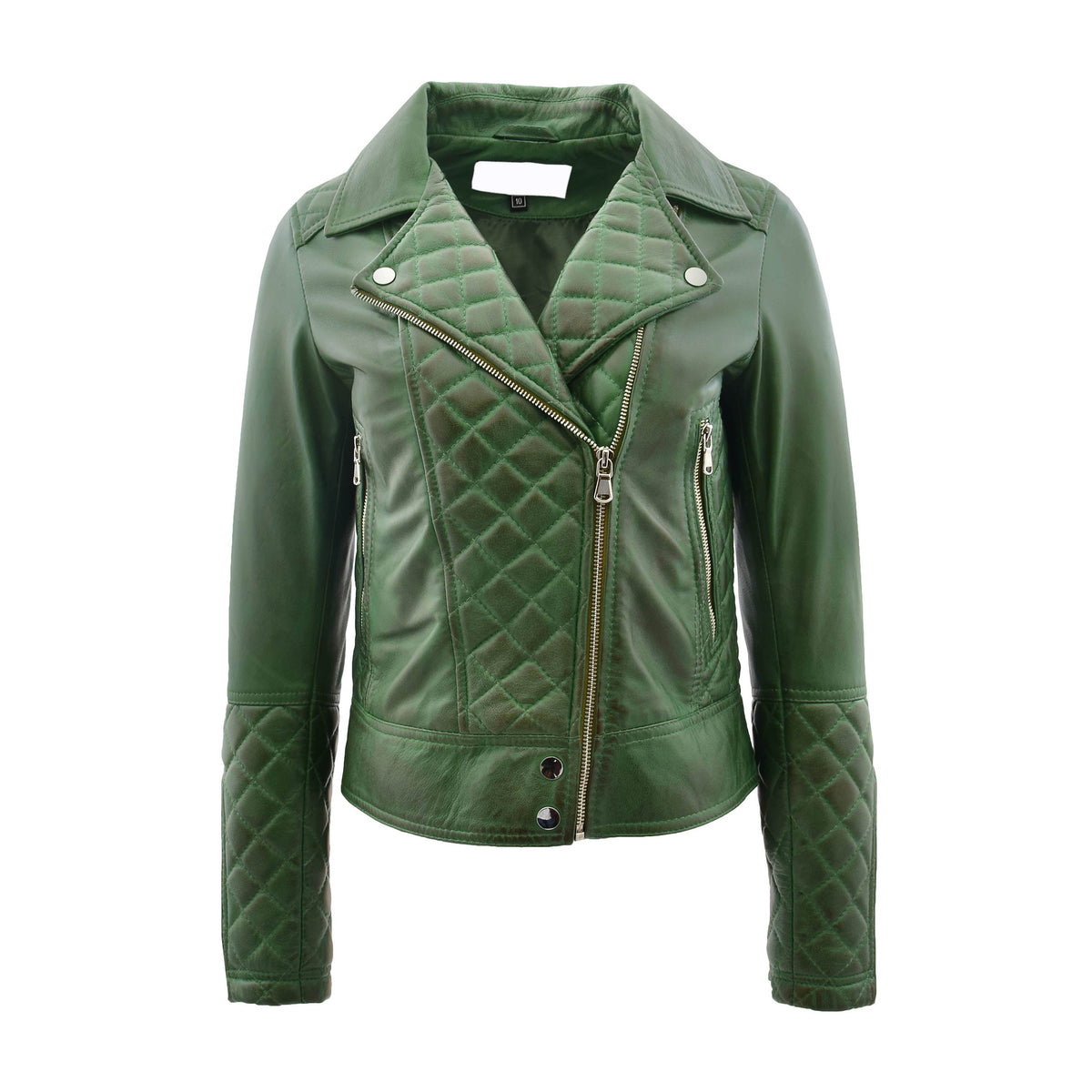 Womens Leather Biker Jacket with Quilt Detail Ziva Green - genuine leather jacket in green with biker