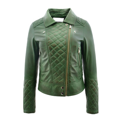 Womens Leather Biker Jacket with Quilt Detail Ziva Green - genuine leather jacket in green with two outer pockets