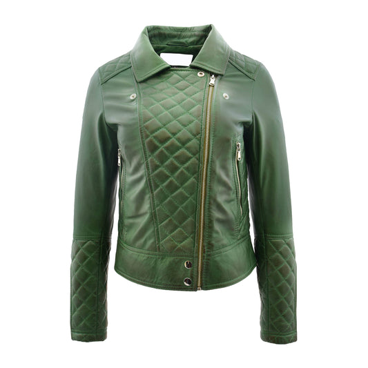 Womens Leather Biker Jacket with Quilt Detail Ziva Green - genuine leather jacket in green with two outer pockets