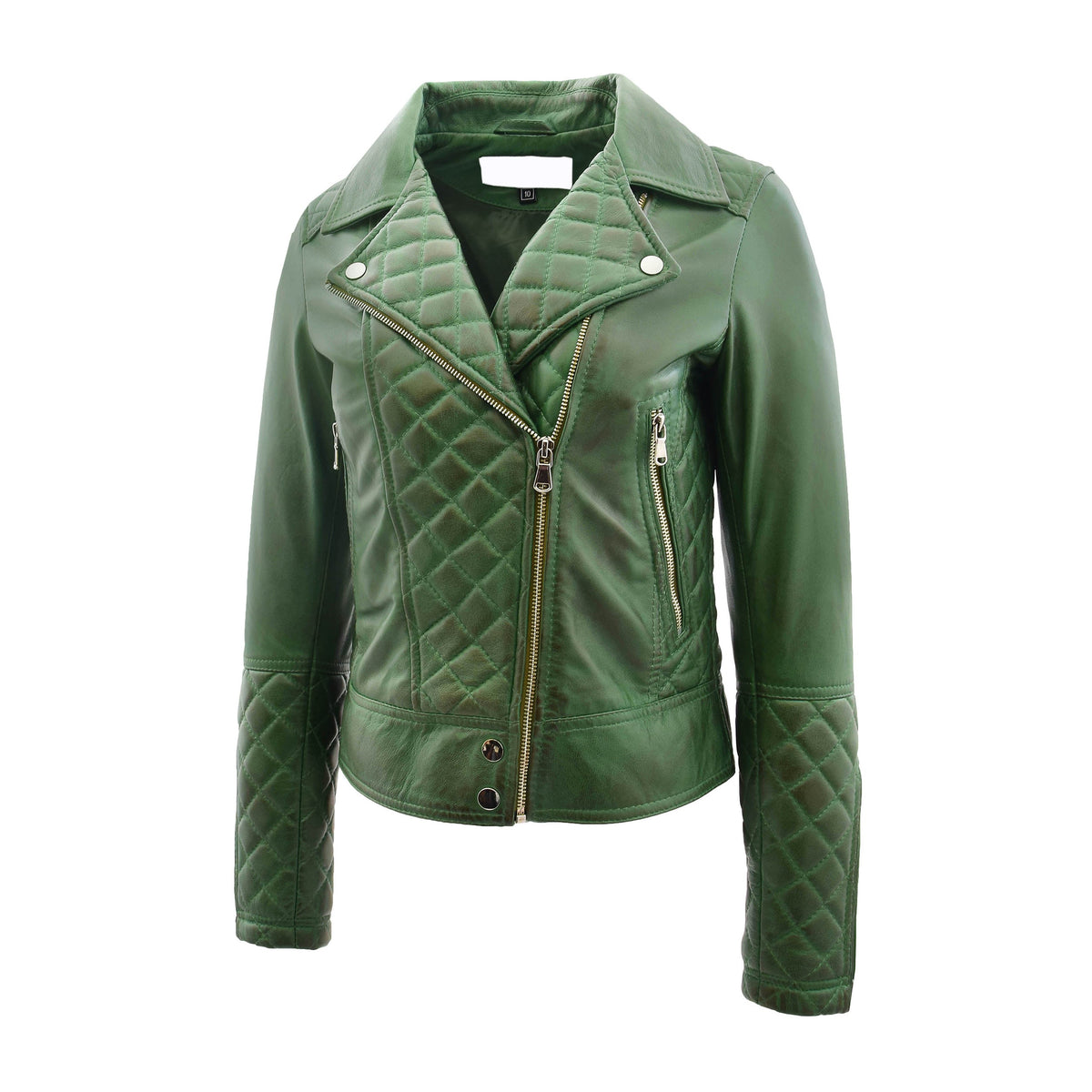 Womens Leather Biker Jacket with Quilt Detail Ziva Green - genuine leather jacket in green with two outer pockets