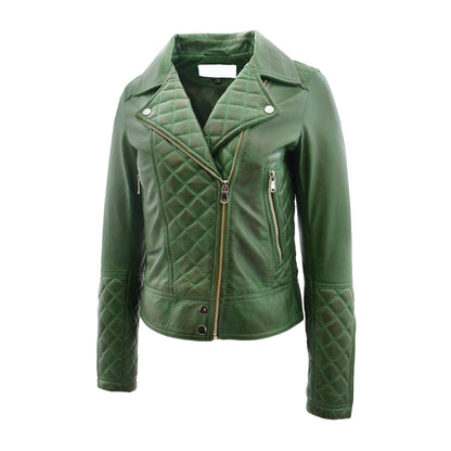 Womens Leather Biker Jacket with Quilt Detail Ziva Green - genuine leather jacket in green with two outer pockets