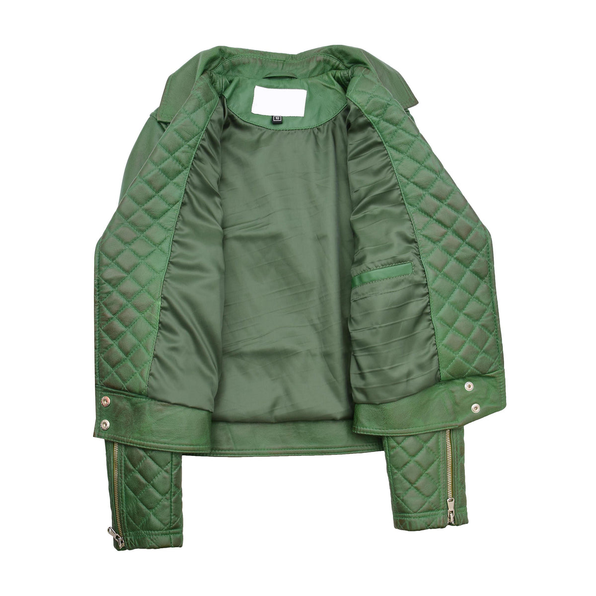 Womens Leather Biker Jacket with Quilt Detail Ziva Green - genuine leather jacket in green with biker
