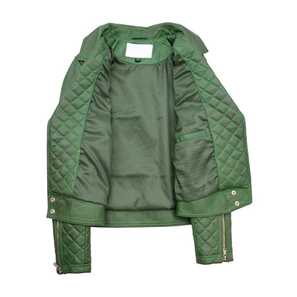 Womens Leather Biker Jacket with Quilt Detail Ziva Green - genuine leather jacket in green with biker