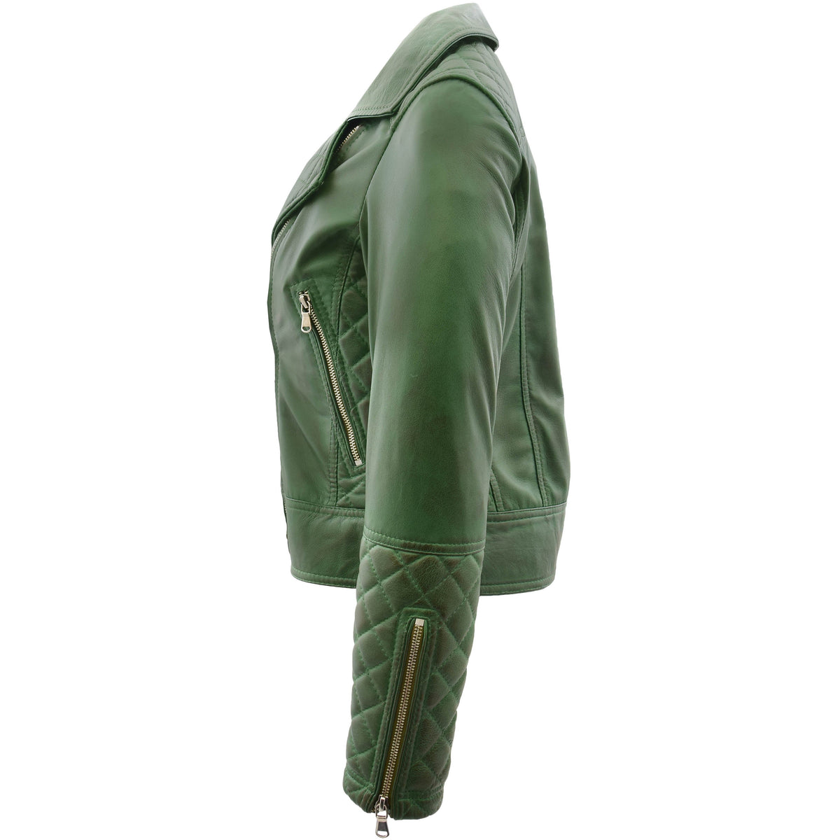 Womens Leather Biker Jacket with Quilt Detail Ziva Green - genuine leather jacket in green with two outer pockets