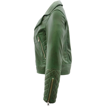 Womens Leather Biker Jacket with Quilt Detail Ziva Green - genuine leather jacket in green with two outer pockets