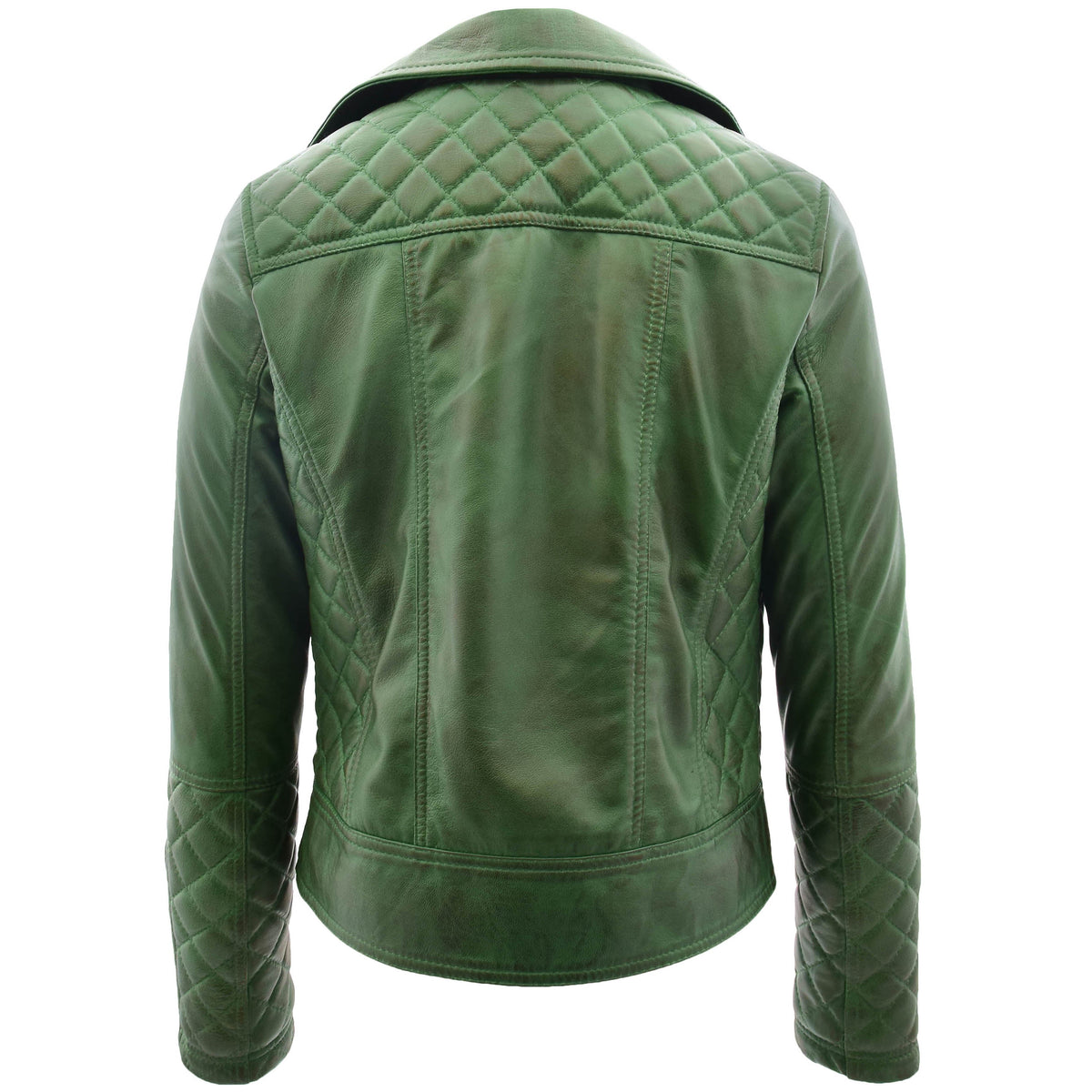 Womens Leather Biker Jacket with Quilt Detail Ziva Green - genuine leather jacket in green with biker