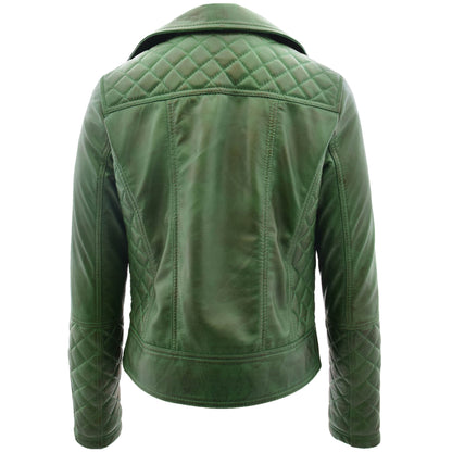 Womens Leather Biker Jacket with Quilt Detail Ziva Green - genuine leather jacket in green with biker