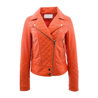 Womens Leather Biker Jacket with Quilt Detail Ziva Orange - genuine leather jacket in orange with two outer pockets