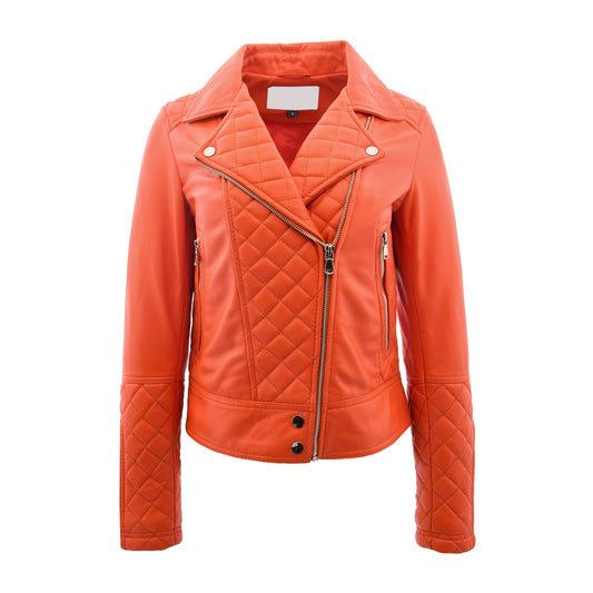 Womens Leather Biker Jacket with Quilt Detail Ziva Orange - genuine leather jacket in orange with two outer pockets