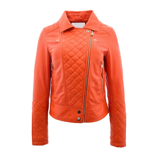 Womens Leather Biker Jacket with Quilt Detail Ziva Orange - genuine leather jacket in orange with biker