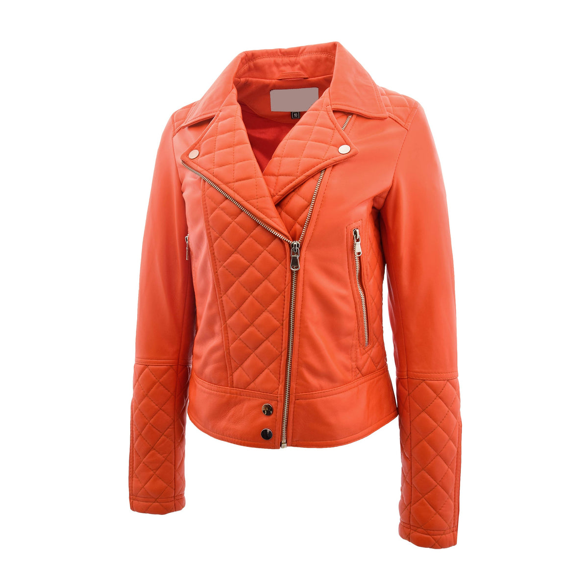 Womens Leather Biker Jacket with Quilt Detail Ziva Orange - genuine leather jacket in orange with two outer pockets