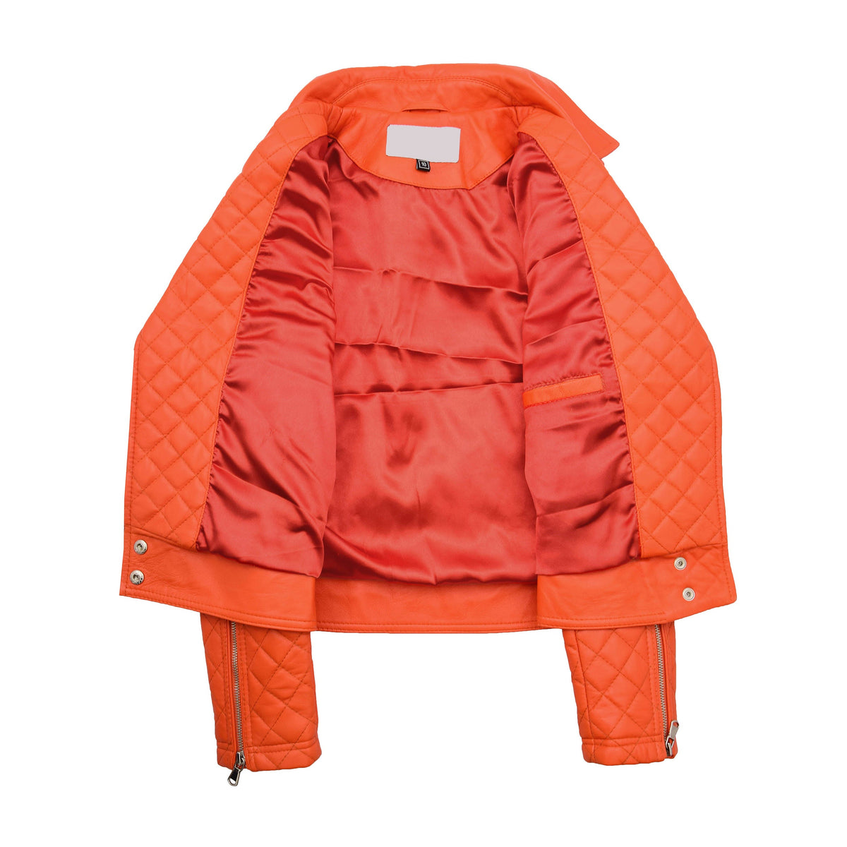 Womens Leather Biker Jacket with Quilt Detail Ziva Orange - genuine leather jacket in orange with biker