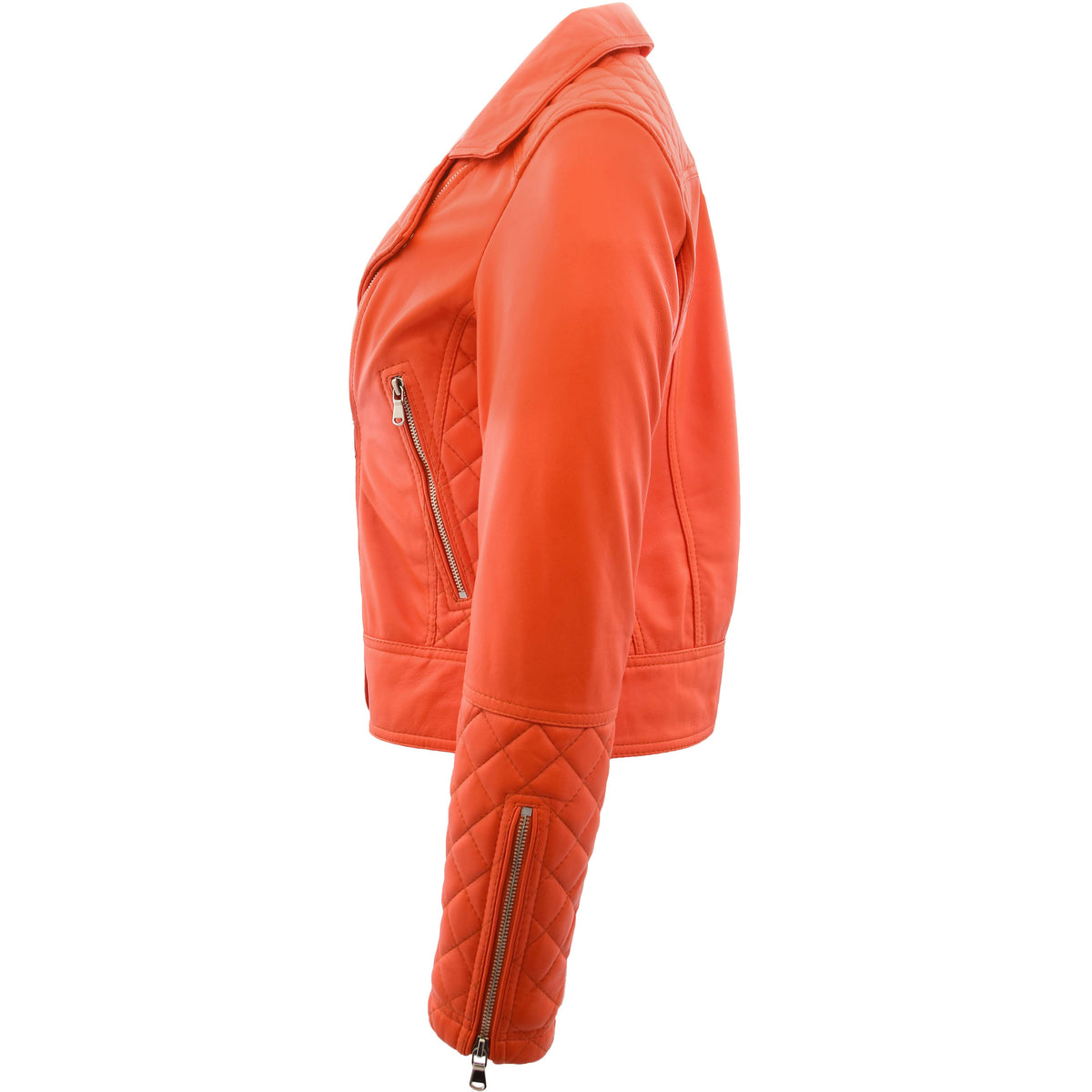 Womens Leather Biker Jacket with Quilt Detail Ziva Orange - genuine leather jacket in orange with two outer pockets