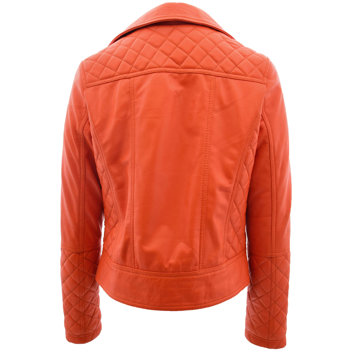 Womens Leather Biker Jacket with Quilt Detail Ziva Orange - genuine leather jacket in orange with biker