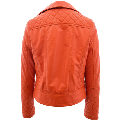 Womens Leather Biker Jacket with Quilt Detail Ziva Orange - genuine leather jacket in orange with biker