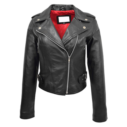 Womens Leather Biker Style Cross Zip Jacket Emma Black - genuine leather jacket in black with two outer pockets