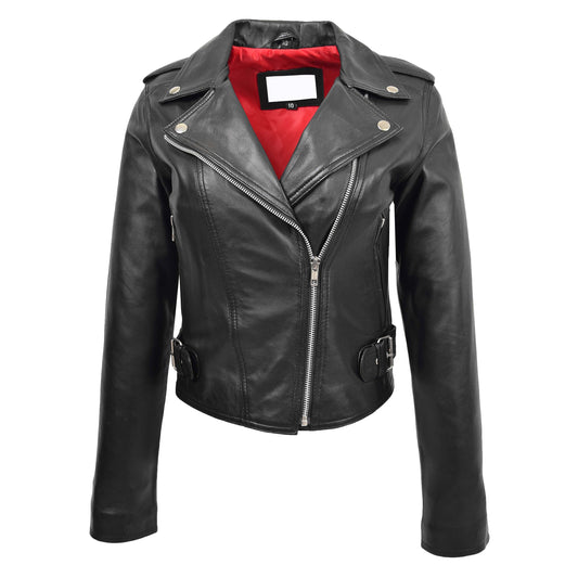 Womens Leather Biker Style Cross Zip Jacket Emma Black - genuine leather jacket in black with two outer pockets