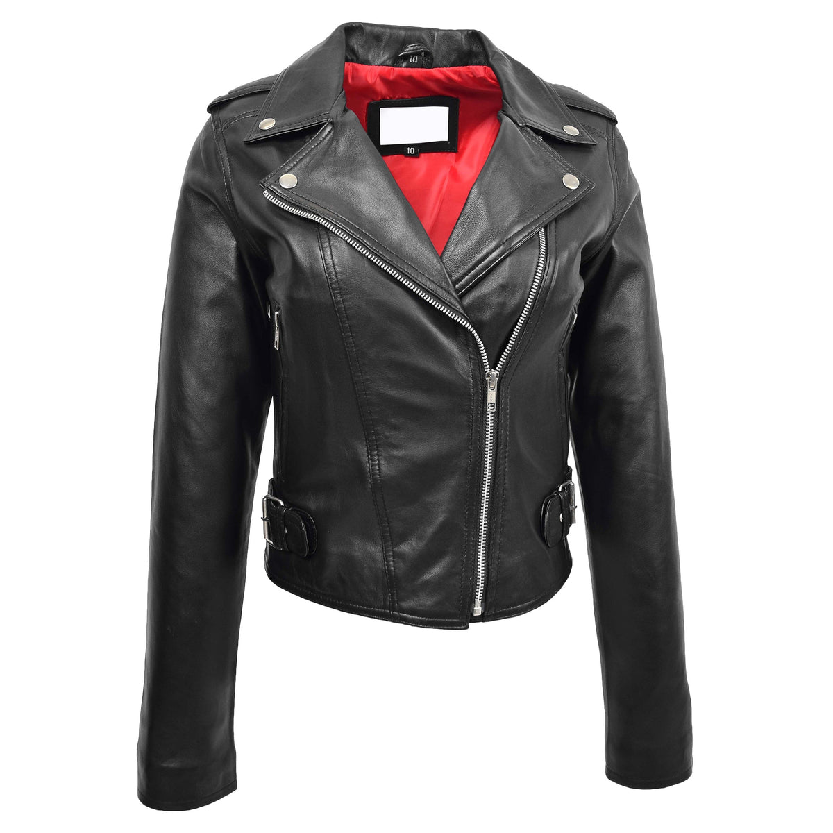 Womens Leather Biker Style Cross Zip Jacket Emma Black - genuine leather jacket in black with cross zip