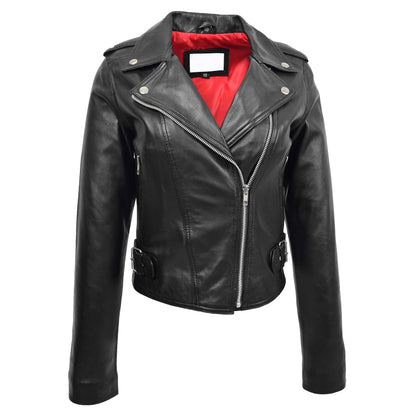 Womens Leather Biker Style Cross Zip Jacket Emma Black - genuine leather jacket in black with cross zip