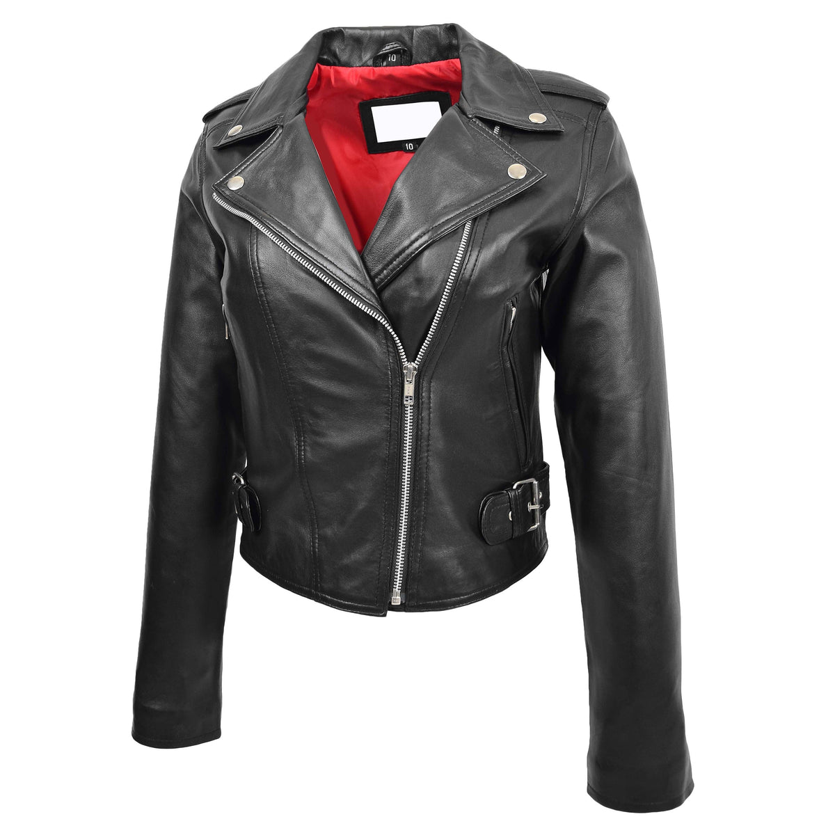 Womens Leather Biker Style Cross Zip Jacket Emma Black - genuine leather jacket in black with biker