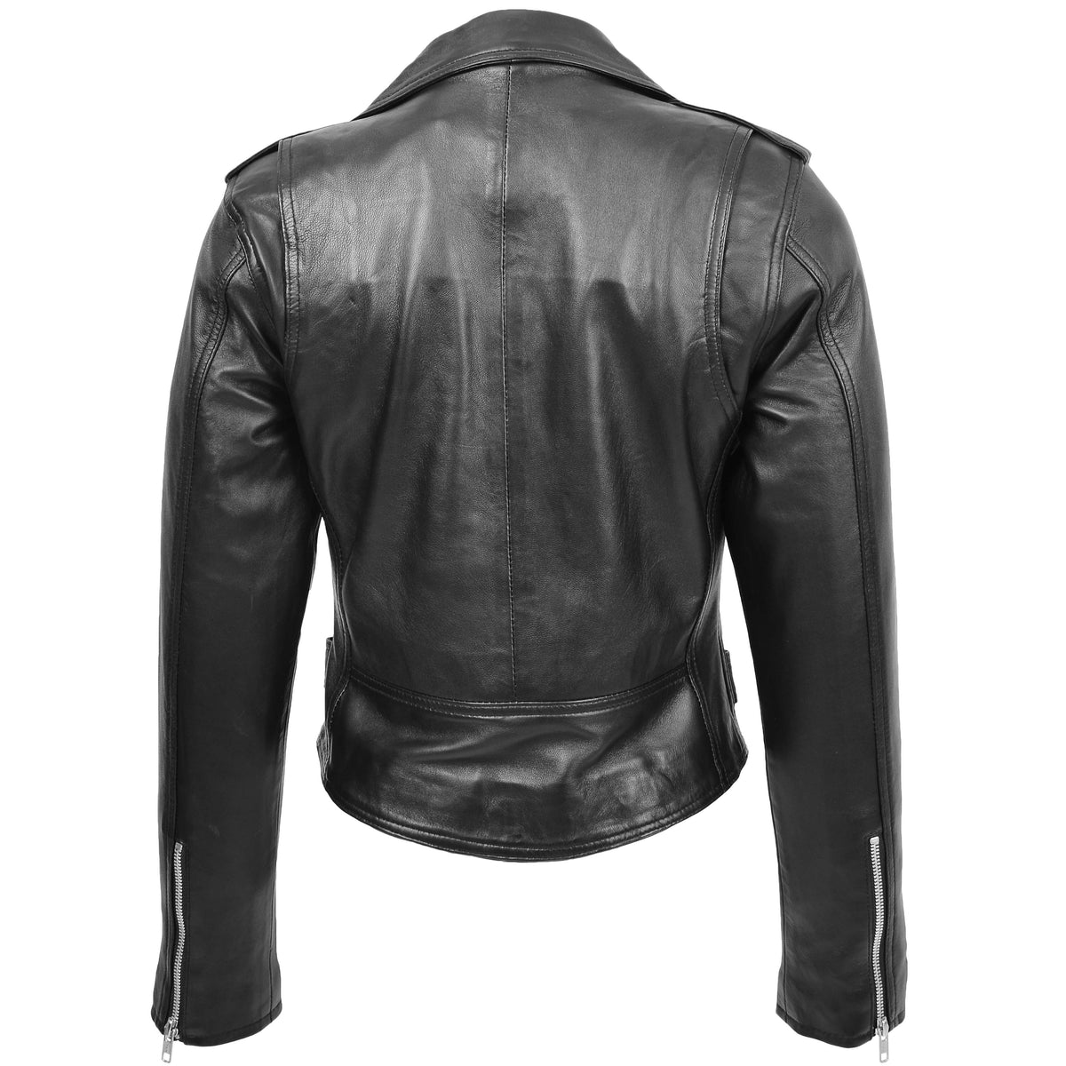Womens Leather Biker Style Cross Zip Jacket Emma Black - genuine leather jacket in black with biker