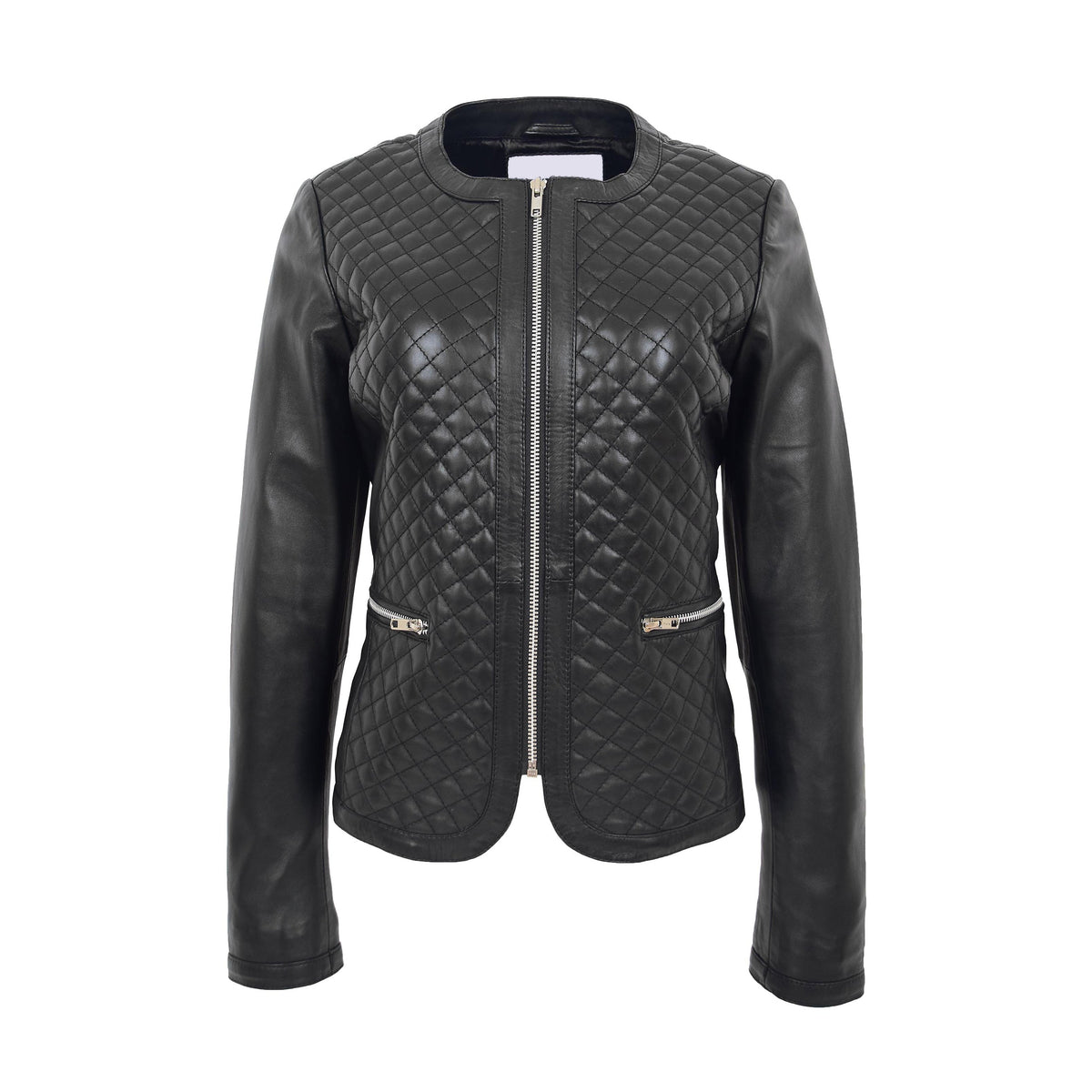 Womens Leather Collarless Jacket with Quilt Design Joan Black - genuine leather jacket in black with two outer pockets