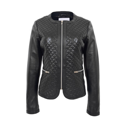 Womens Leather Collarless Jacket with Quilt Design Joan Black - genuine leather jacket in black with two outer pockets