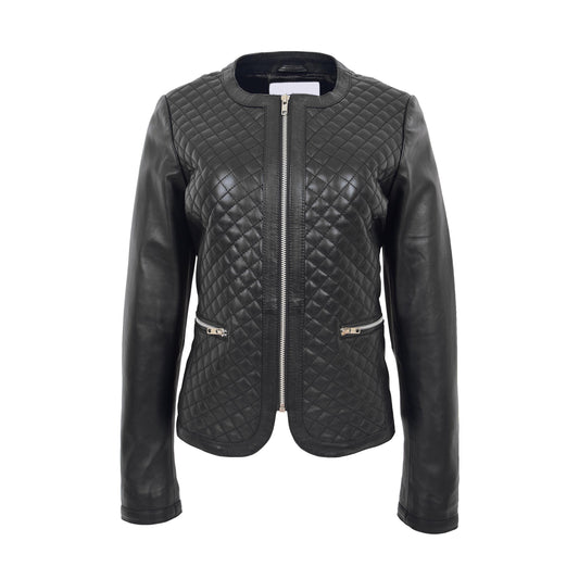 Womens Leather Collarless Jacket with Quilt Design Joan Black - genuine leather jacket in black with two outer pockets