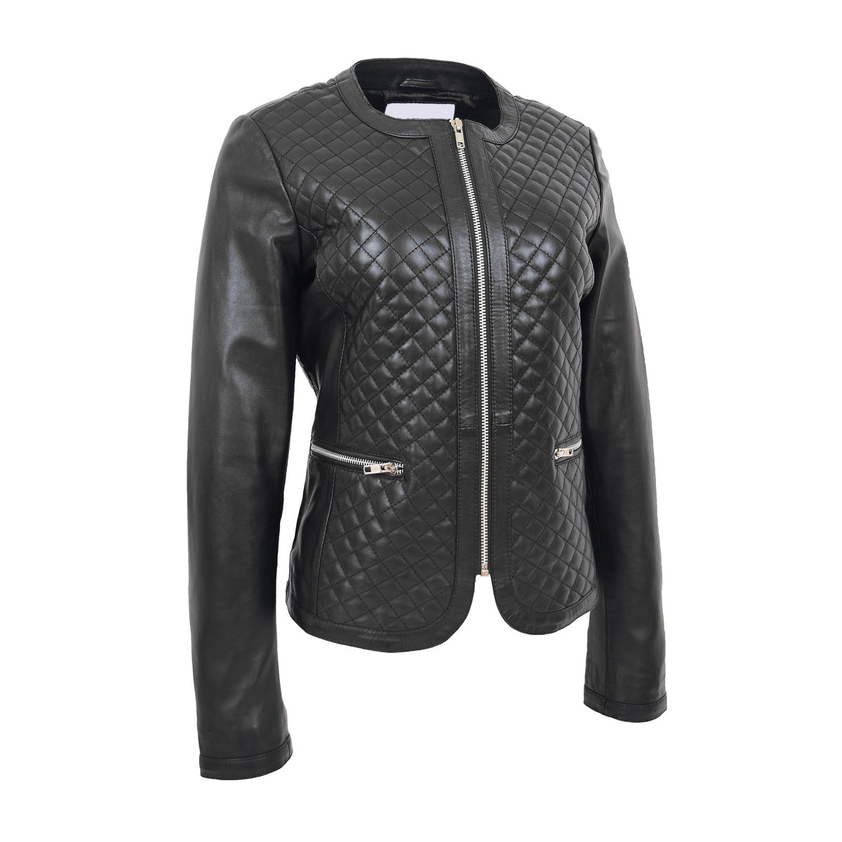 Womens Leather Collarless Jacket with Quilt Design Joan Black - genuine leather jacket in black with two outer pockets