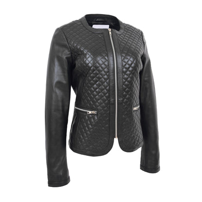 Womens Leather Collarless Jacket with Quilt Design Joan Black - genuine leather jacket in black with two outer pockets