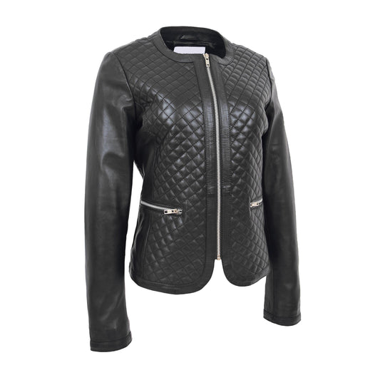 Womens Leather Collarless Jacket with Quilt Design Joan Black - genuine leather jacket in black with two outer pockets